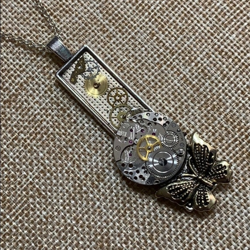 Silver tone Butterfly Watch Gear Necklace